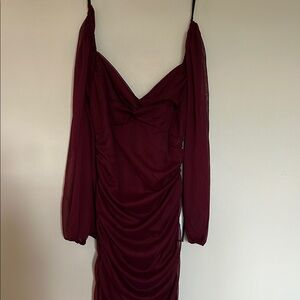 Women’s large Elegant Burgundy Dress with Sheer Sleeves open back